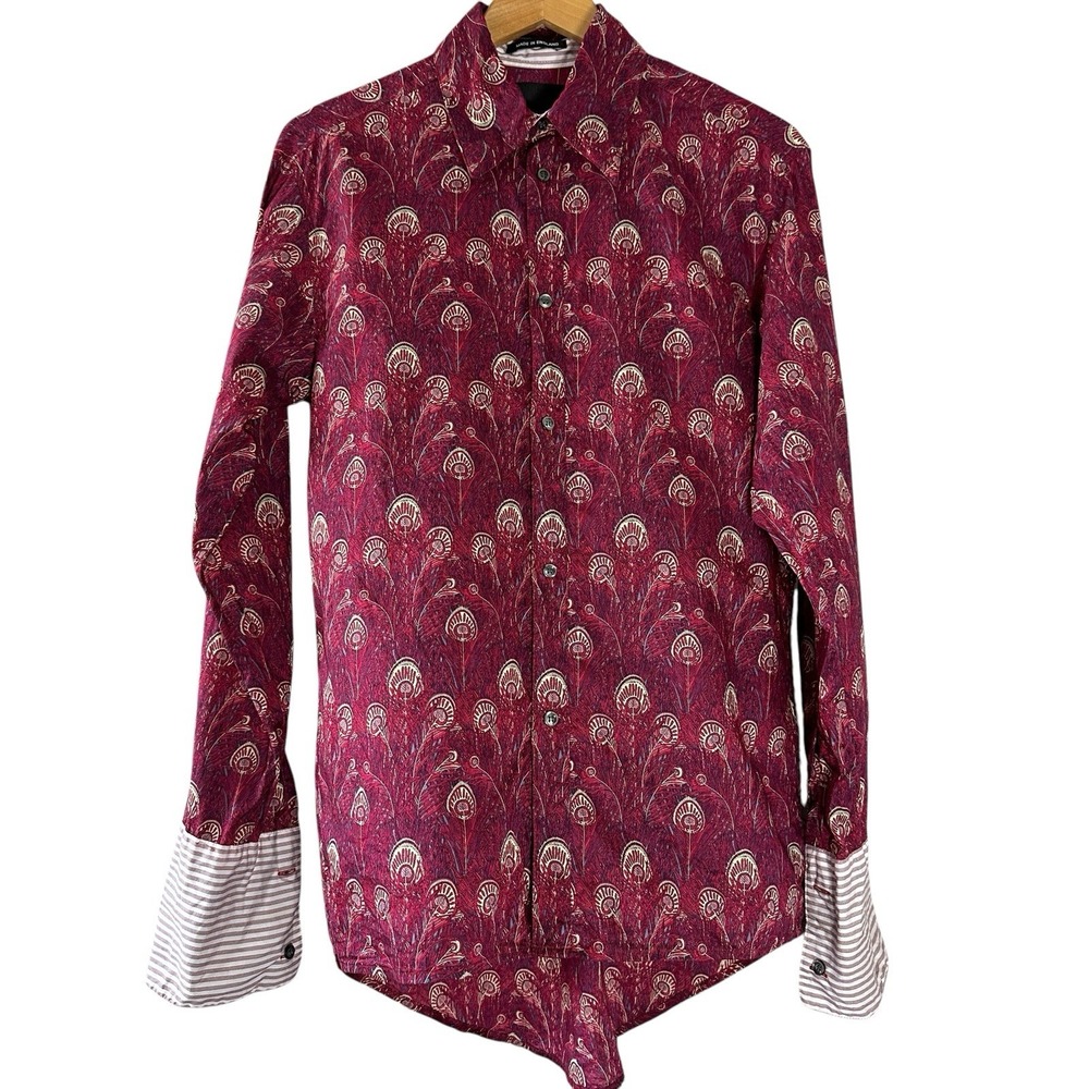 Field Womens Shirt M Made in England Peacock Print‎ Cotton Retro Long Sleeve